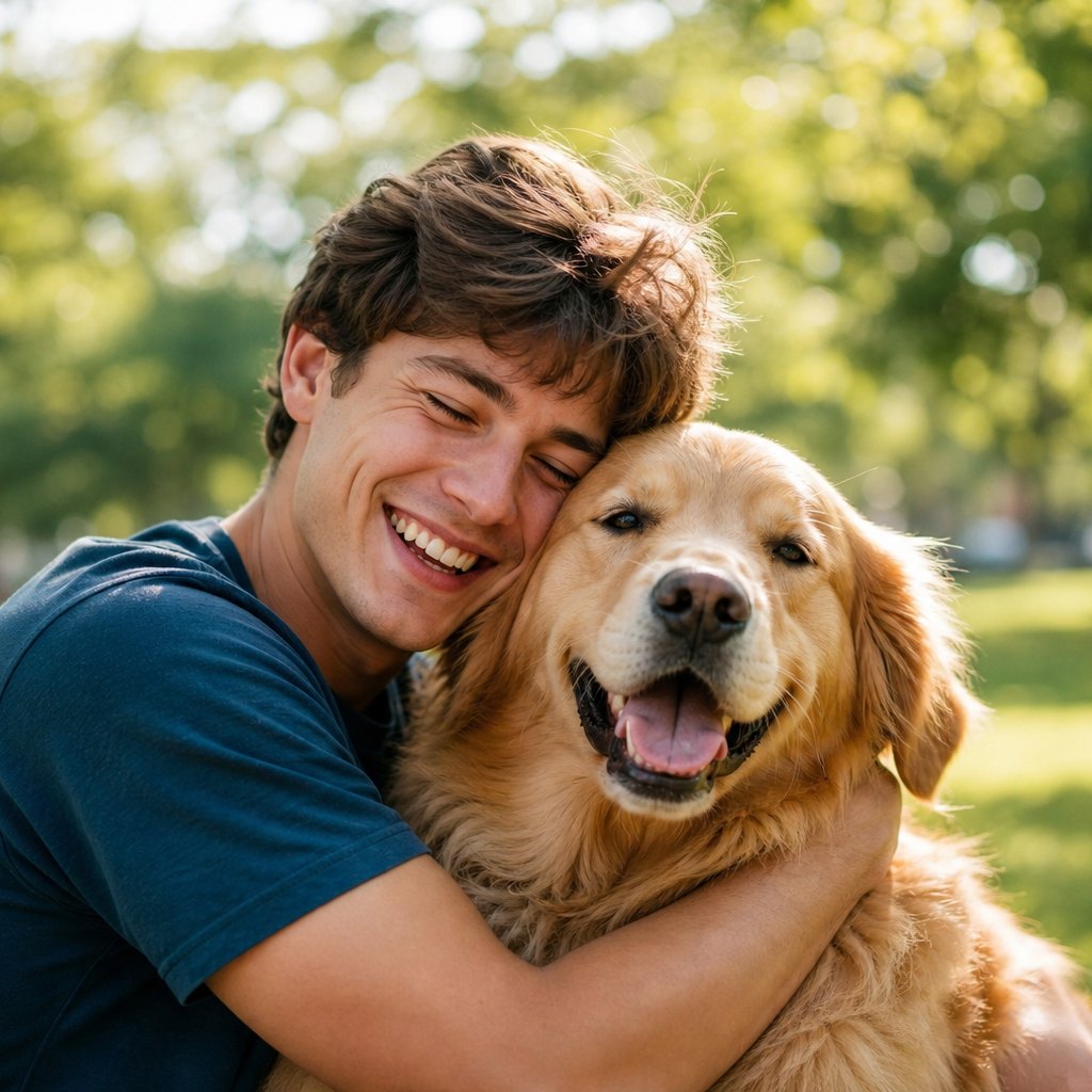 Nature concept: a person embracing a golden retriever outdoors.