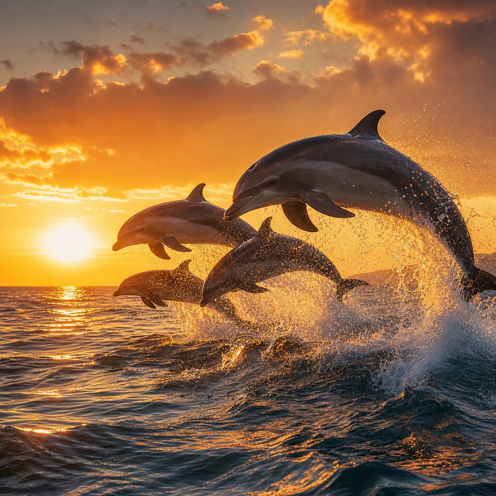 Nature concept: dolphins leaping over the sea at sunset.