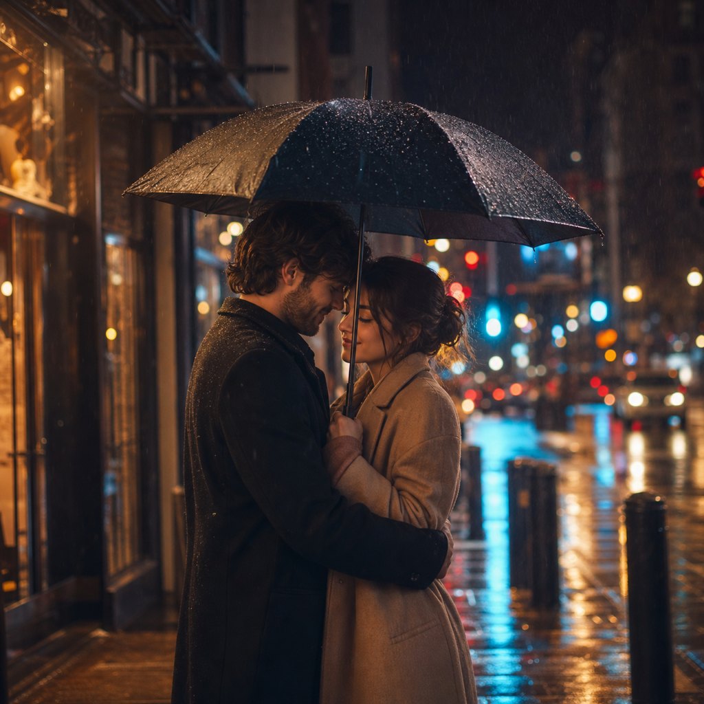 Story concept: two people under an umbrella on a wet city street.
