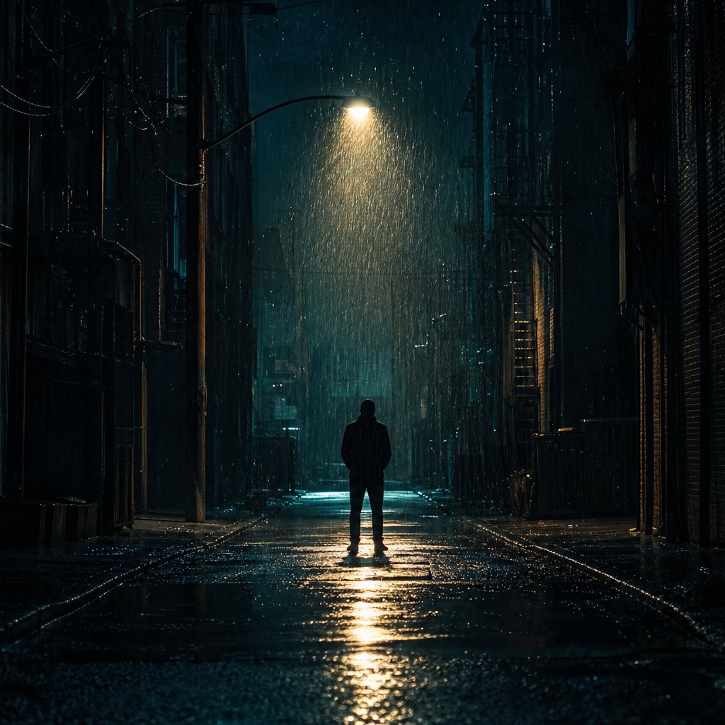 Story concept: a lone figure beneath a streetlight in a rain-soaked alley.