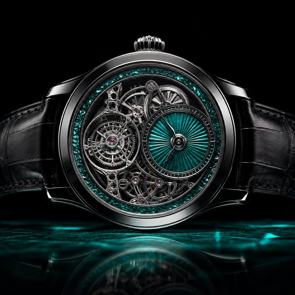 Product concept: a black watch with a green dial against a dark background.