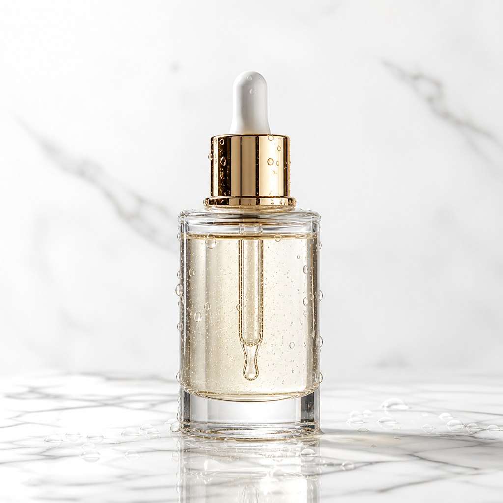Product concept: a glass dropper bottle on white marble.
