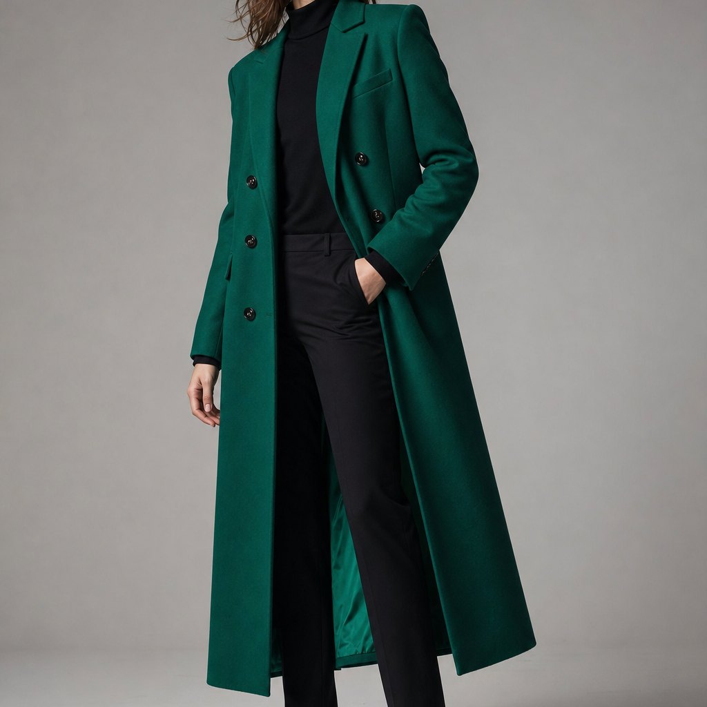 Fashion concept: a long green coat over a black outfit.