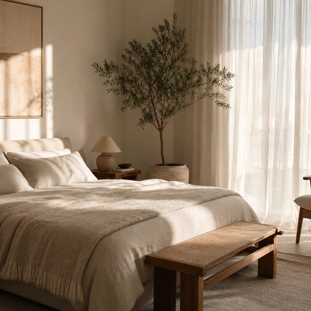 Interior concept: a sunlit bedroom with linen bedding and a potted tree.